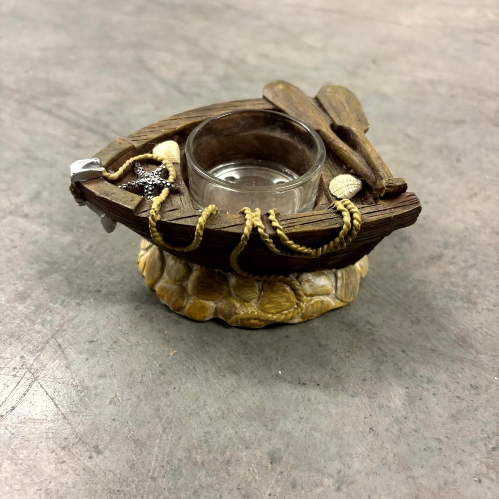 Nautical Rowboat Votive Candle Holder Rustic Beach Decor with Oars and Shells